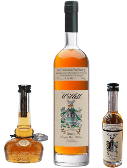 Willett Family Estate 4 Year Rye 750ml, Willett 3 Year Rye 50ml, & Willett Pot Still Miniature Whiskey 50ml Bundle